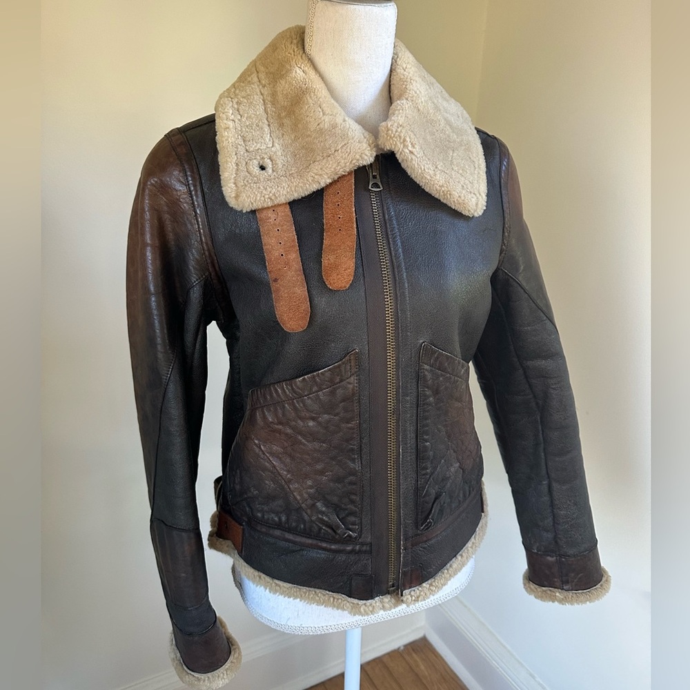 Ralph Lauren Brown Shearling Leather Aviator Bomber Jacket size Small